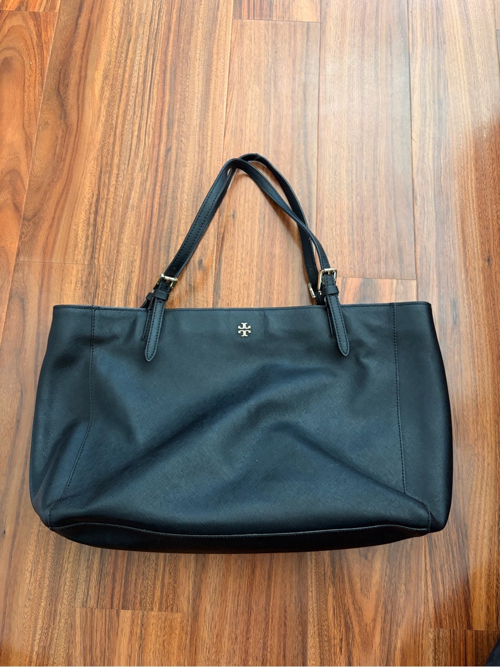 Tory Burch Black Leather Tote Bag Gold Hardware Work Laptop Shoulder Purse